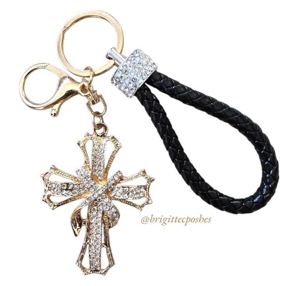 CHRISTIAN CROSS Sparkling Embellished Golden Tone Key Chain - Picture 7 of 11